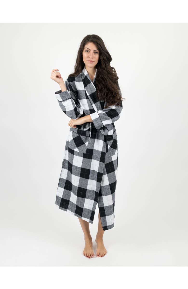 Leveret Women's Flannel Robe, 100% Cotton, Main, color, Plaid Black & White