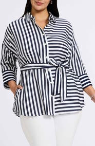 Foxcroft Avery Stripe Tie Waist Shirt