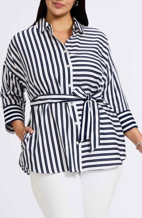 Foxcroft Avery Stripe Tie Waist Shirt In Navy/white