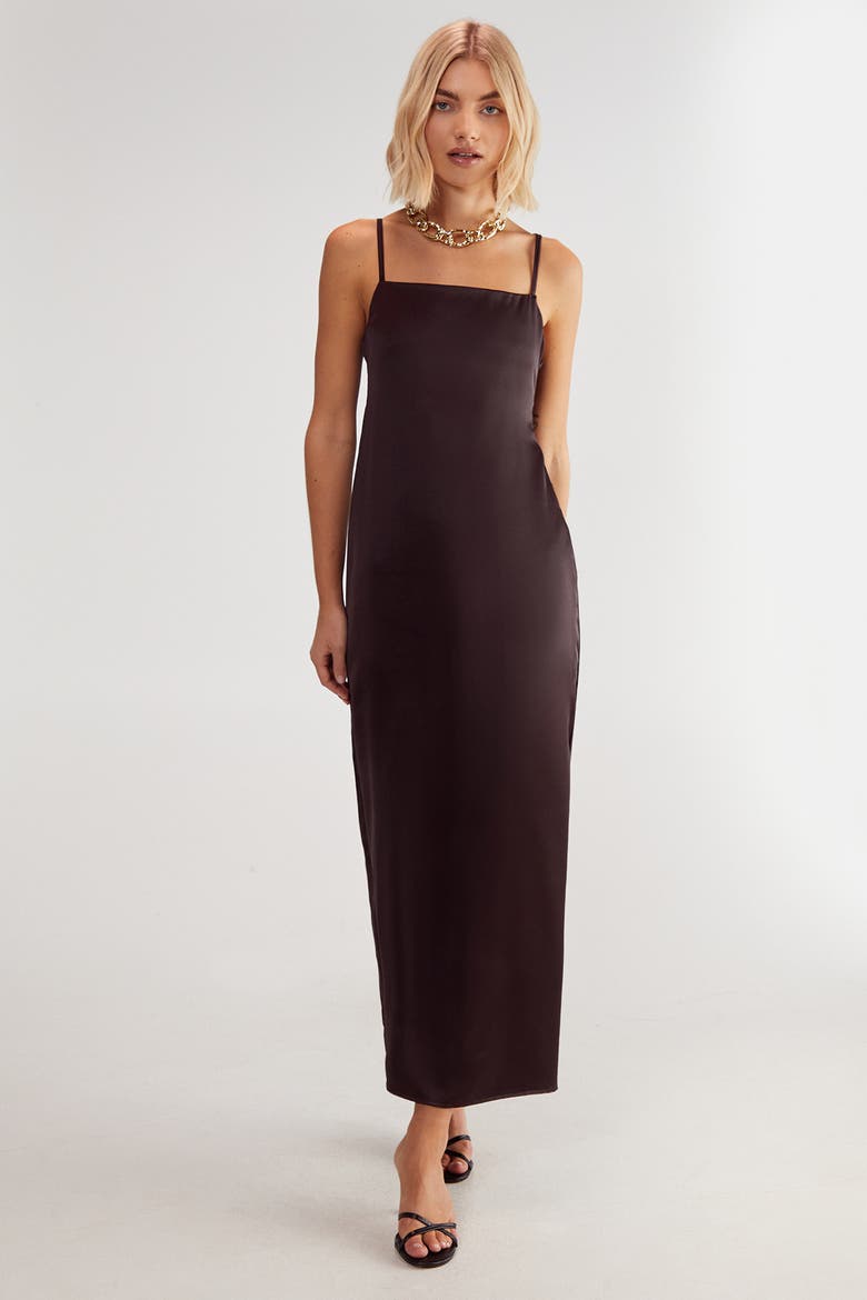Satin Square Neck Maxi Slip Dress, Alternate, color, Chocolate