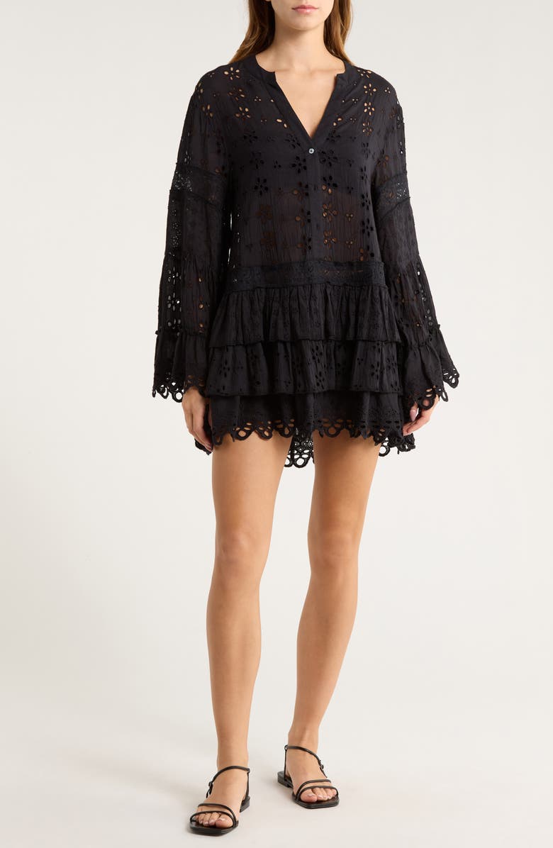 Ramy Brook Roxanne Long Sleeve Sheer Cotton Broderie Anglaise Cover-Up Dress, Main, color, Black