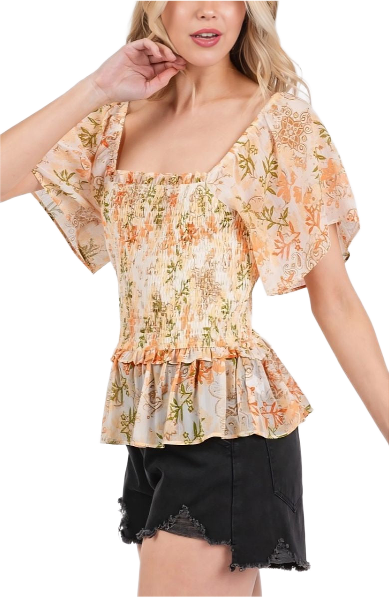 Knit and Lounge Soft Floral Print Lightweight Smocked Peplum Top Flutter Sleeve Square Neck, Alternate, color, Peach Floral