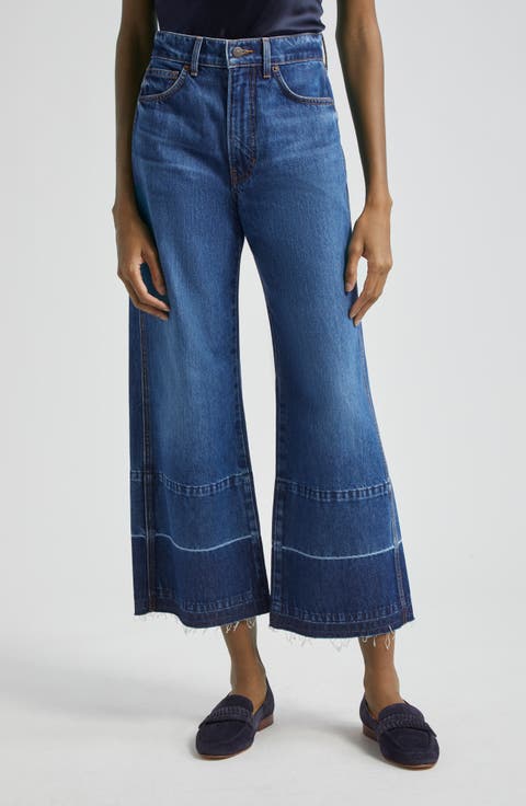 Taylor Release Hem High Waist Ankle Wide Leg Jeans (Bright Blue)