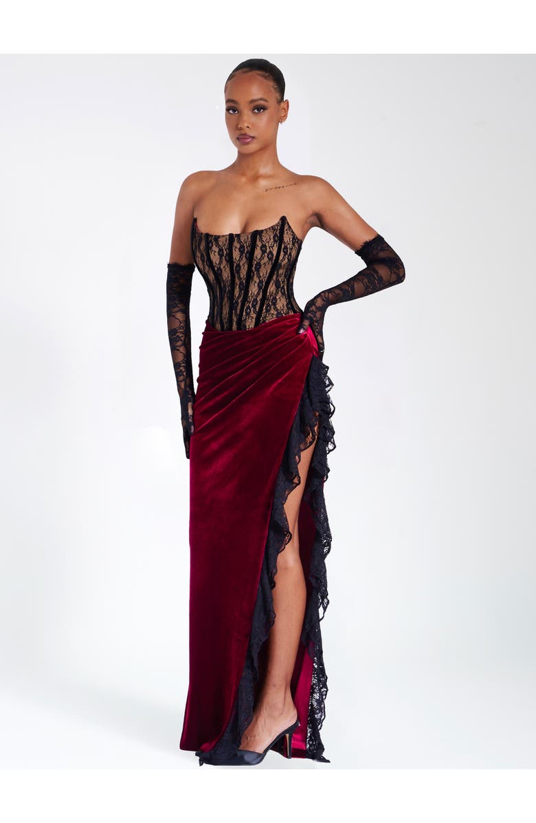 Miss Circle Gaia Lace Velvet Corset Side Slit Dress, Alternate, color, Burgundy