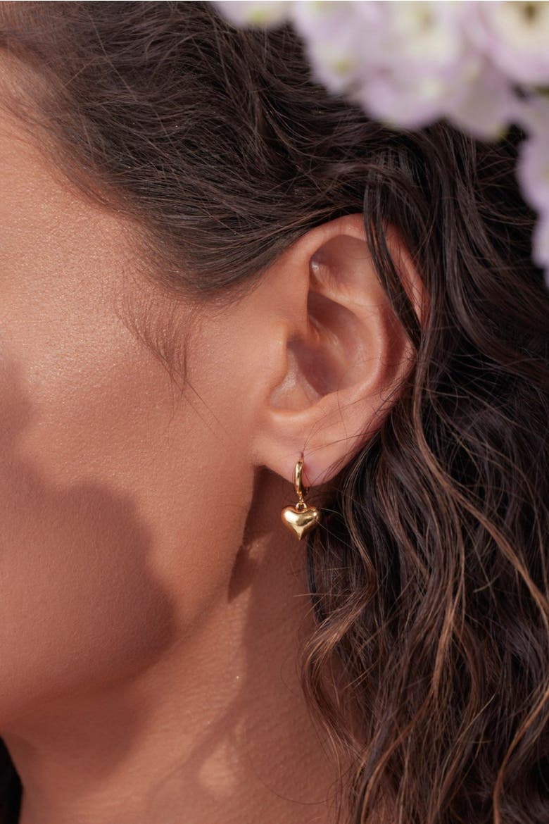 14k Gold Plated Dangling Puffed Heart Huggies Delicate Dainty Love Earrings, Alternate, color, Gold