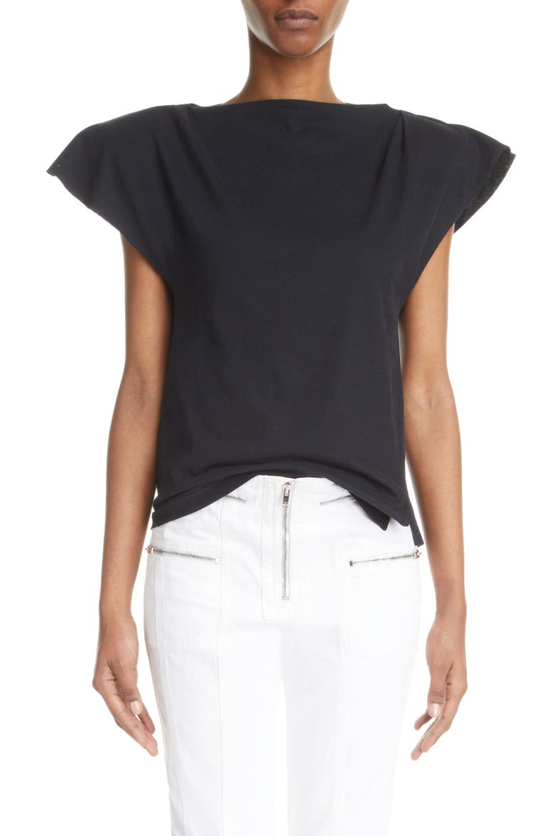 Sebani Asymmetric Raw Edge Cap Sleeve Cotton Blouse, Main, color, BLACK