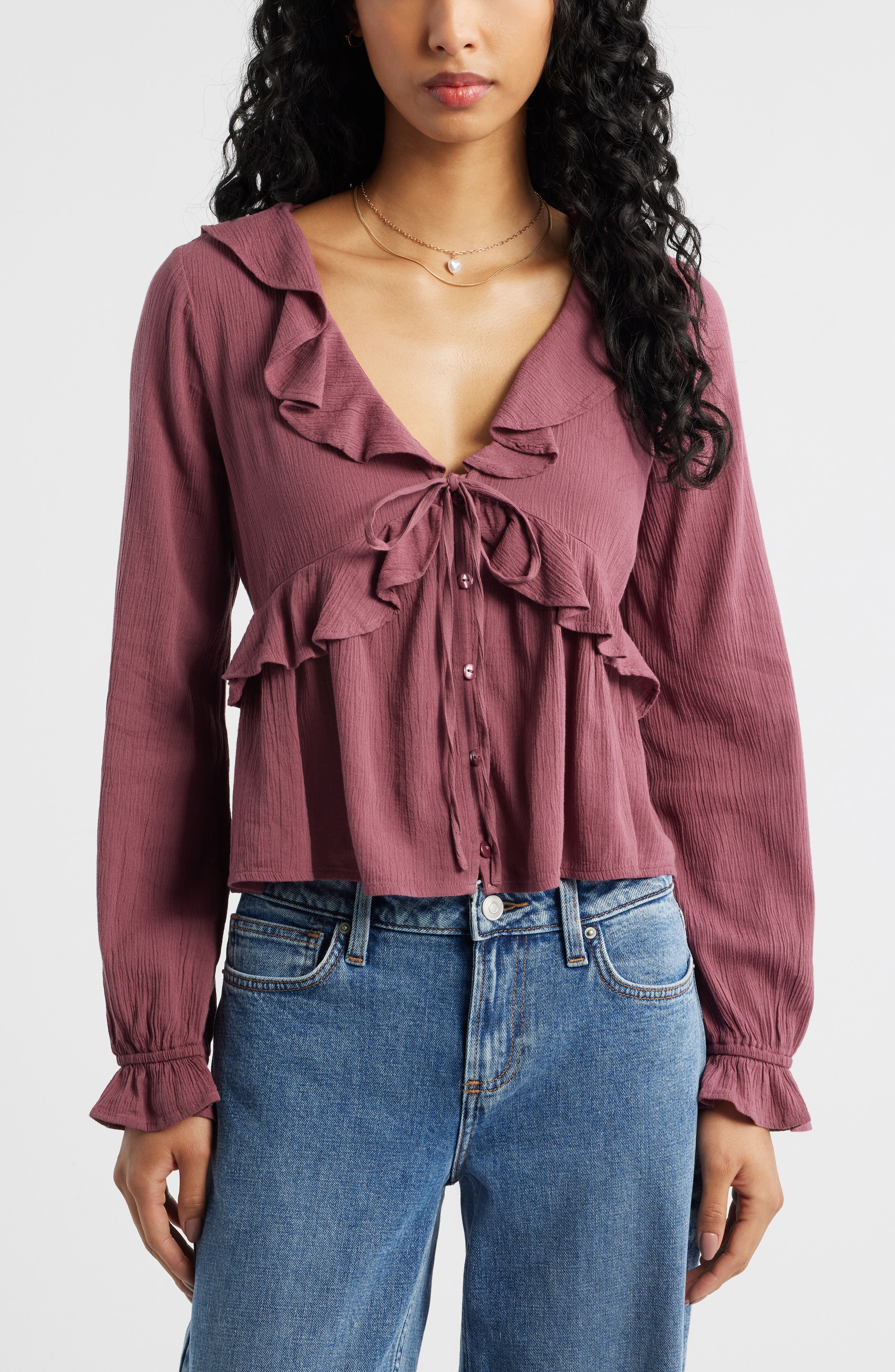 BP. Ruffle Tie Neck Button-Up Shirt