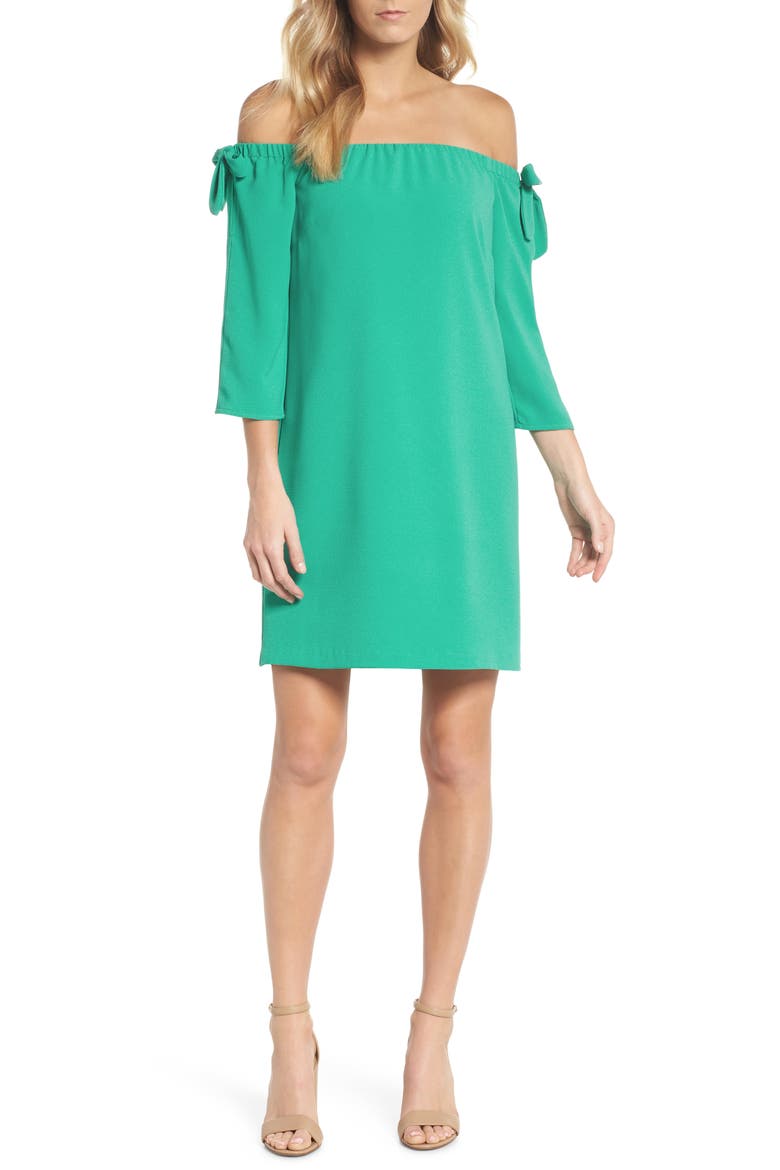 Tie Sleeve Off the Shoulder Shift Dress, Main, color, ATLANTIS
