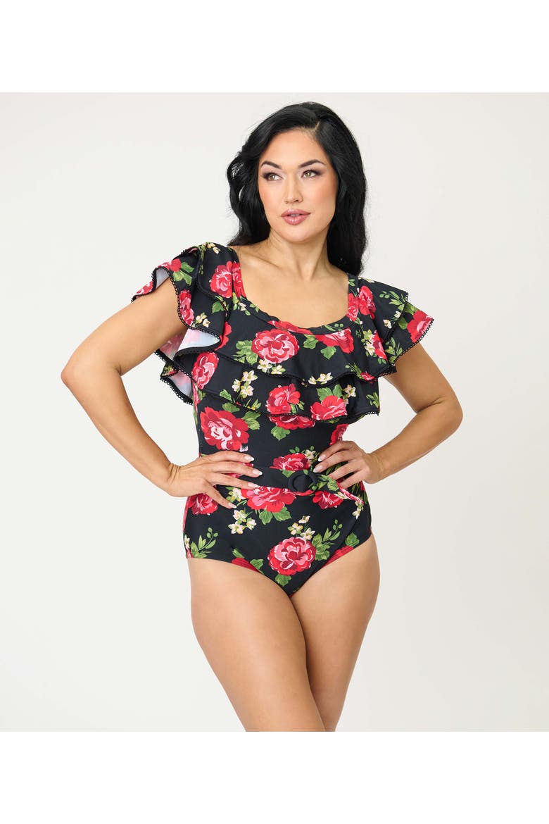 Off Shoulder Nantucket Swimsuit, Alternate, color, Black Cabbage Rose Print