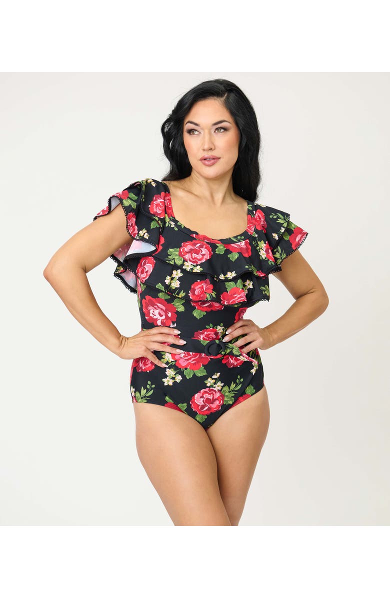 Unique Vintage Off Shoulder Nantucket Swimsuit, Alternate, color, Black Cabbage Rose Print