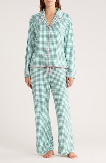 Honeydew Quiet Night Long Sleeve Button-up Top & Pants Pajamas In Green