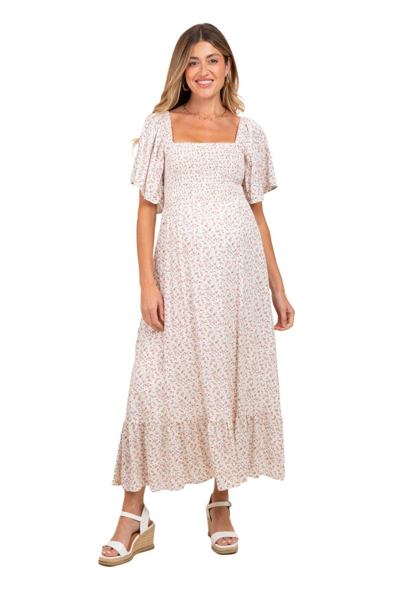 Ditsy Floral Smocked Midi Dress, Main, color, Cream