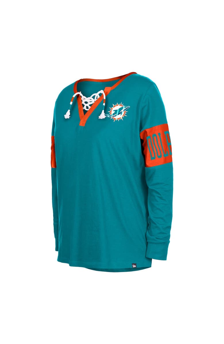 New Era Women's New Era Aqua Miami Dolphins Lace-Up Notch Neck Long Sleeve T-Shirt, Alternate, color, 
