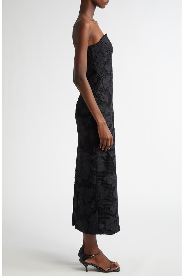 Natasha Floral Appliqué Strapless Midi Dress, Alternate, color, BLACK