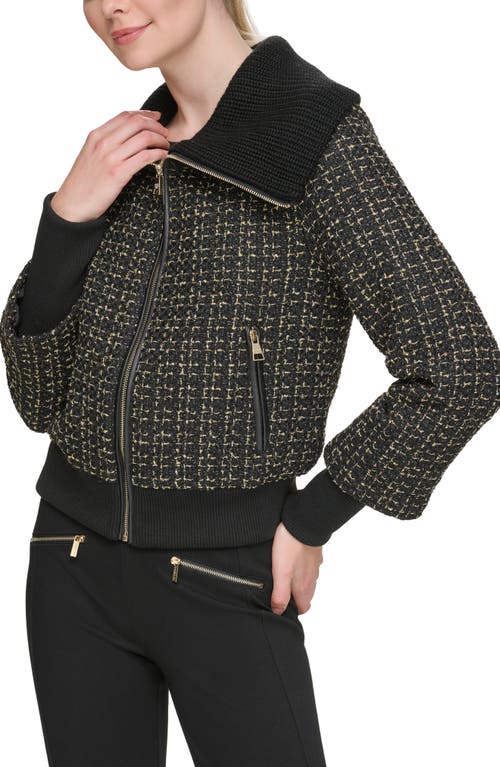 Karl Lagerfeld Paris Knit Collar Metallic Tweed Bomber Jacket In Black Gold