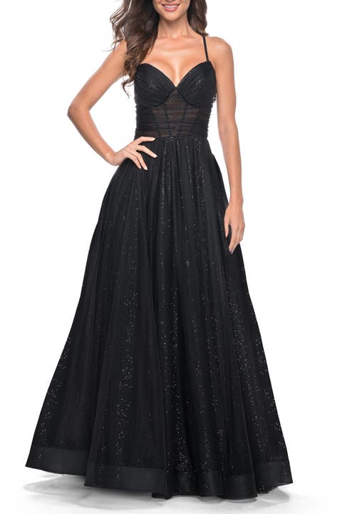 A-Line Prom Dress with Sequin Lining and Illusion Top