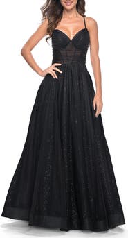 open lace back dress Pearl White V Neck Sparkly Prom Dresses A Line Formal Dress Ball Gown –  SheerGirl