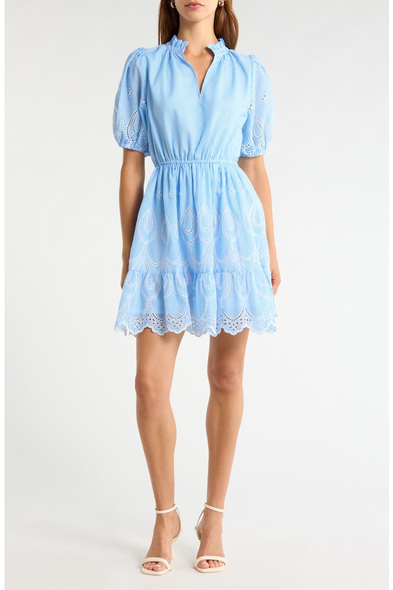 Geyser Eyelet Trim Marissa Dress, Main, color, WHITE-BLUE