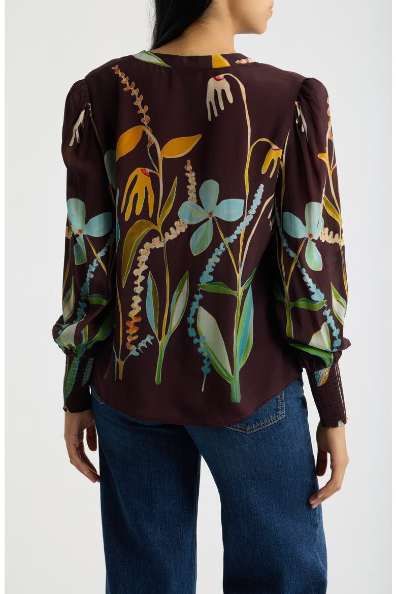 Print Split Neck Top with Smocked Cuffs, Alternate, color, ESPRESSO MULTI