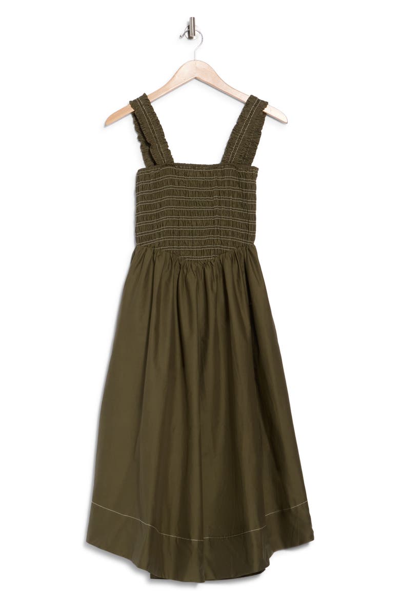 Smocked Cotton Poplin Fit & Flare Dress, Alternate, color, LIGHT OLIVE