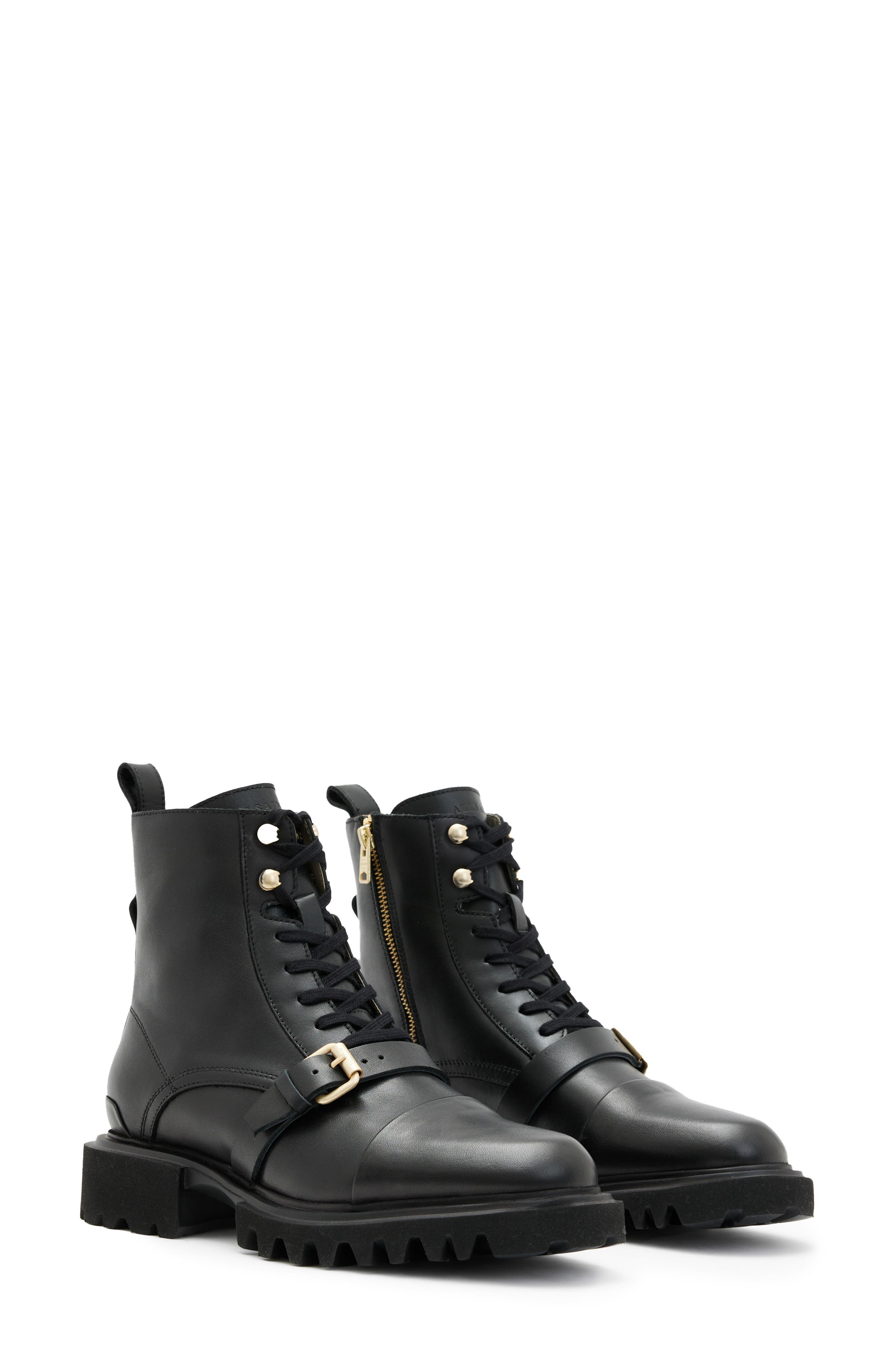 AllSaints Tori Lug Sole Boot, Main, color, Black/Warm Brass