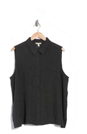 Eileen Fisher Classic Collar Sleeveless Organic Linen Button-up Shirt In Black