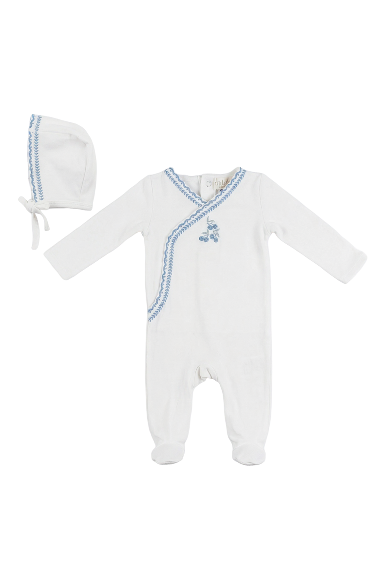 Bebe Bella Boy Cherry Embroidered Wrap Romper with Bonnet, Main, color, White/Blue