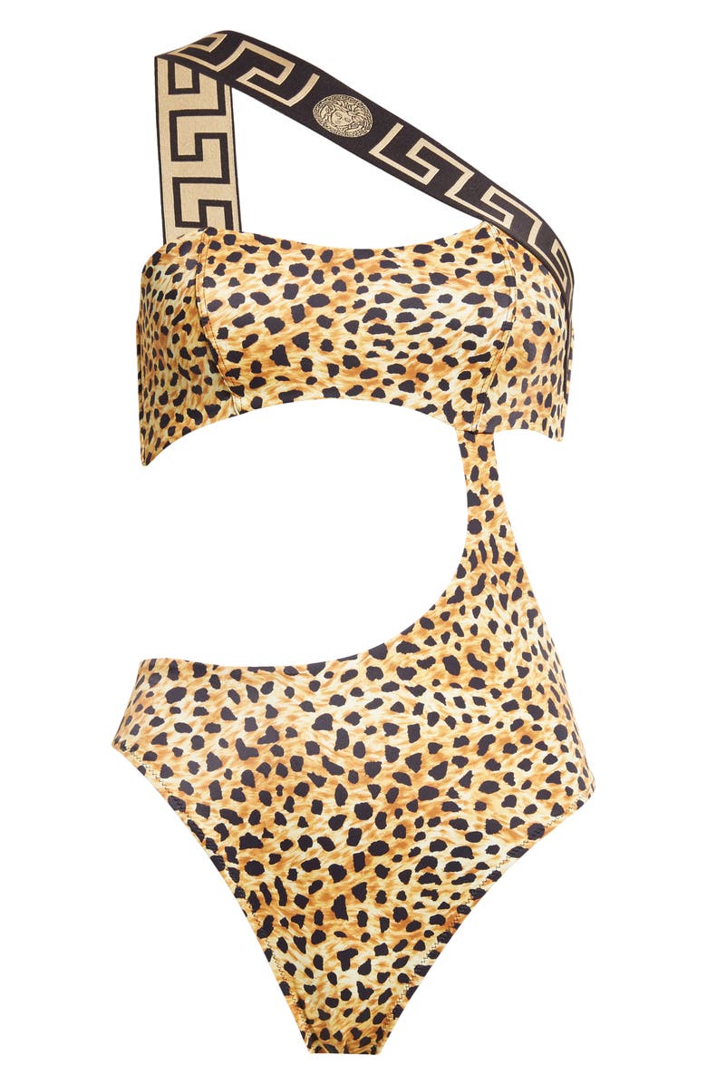 Versace Cheetah Print Cutout One-Shoulder One-Piece Swimsuit, Alternate, color, Neutral
