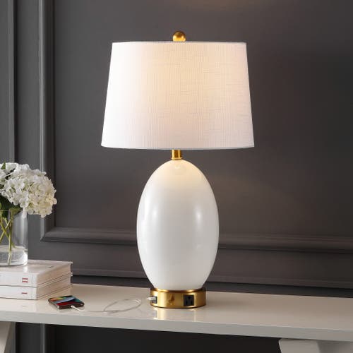 Jonathan Y Reese 26.5" 1-outlet Contemporary Style Iron/glass Led Table Lamp With Usb Charging Port In White/brass Gold
