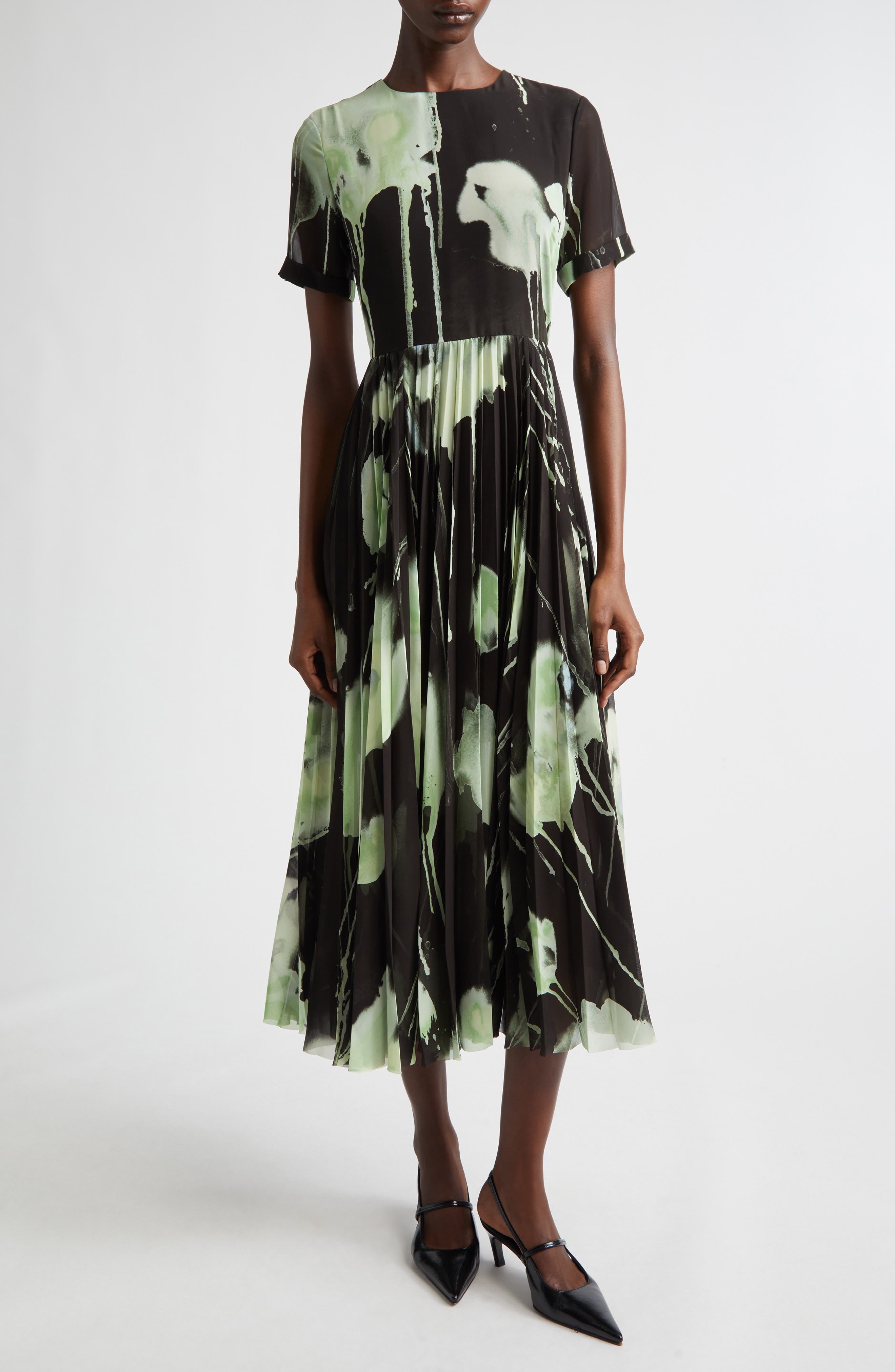 Watercolor Floral Pleated Chiffon A-Line Dress