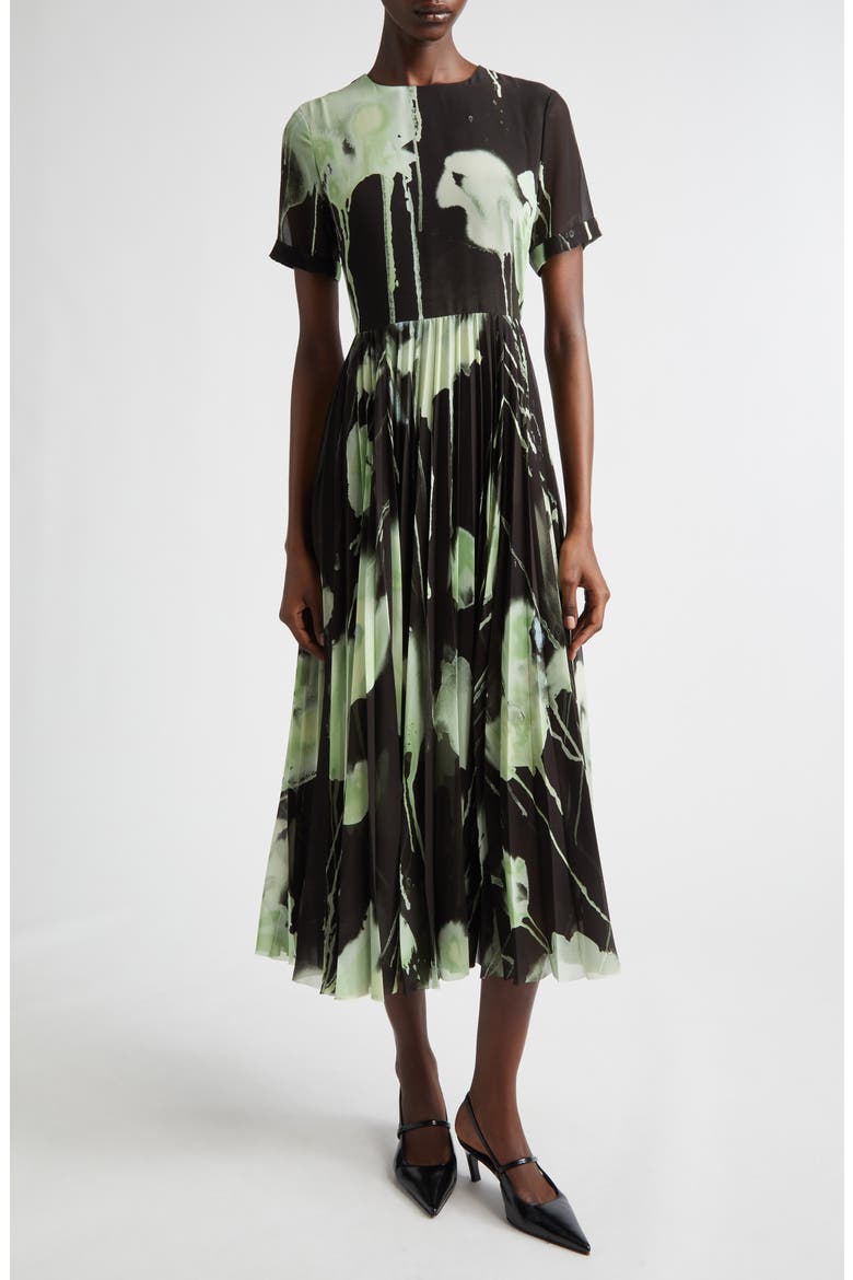 Watercolor Floral Pleated Chiffon A-Line Dress, Main, color, BLACK / LIGHT JADE