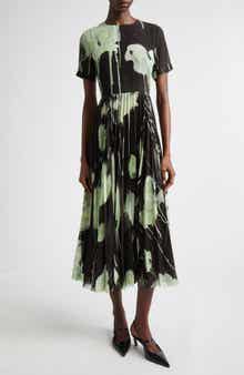 Watercolor Floral Pleated Chiffon A-Line Dress