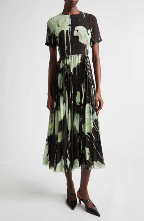 Watercolor Floral Pleated Chiffon A-Line Dress