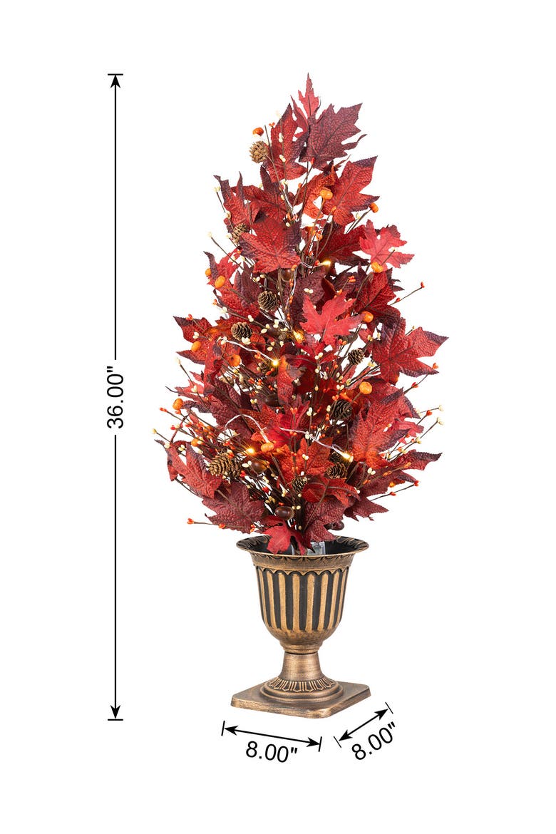Fall Lighted Maple Leaves Urn Potted Porch Tree With Timer, Alternate, color, Burgundy
