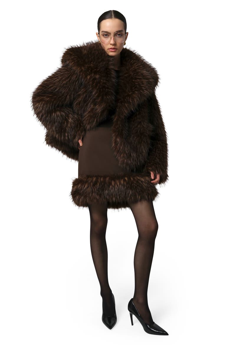 Meadow Stretch Crepe Miniskirt with Faux Fur Trim, Alternate, color, DARK BROWN / DARK BROWN