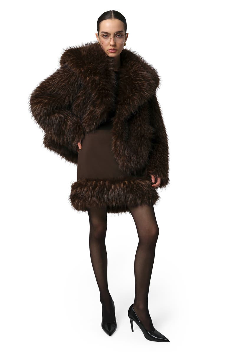Apparis Meadow Stretch Crepe Miniskirt with Faux Fur Trim, Alternate, color, Dark Brown / Dark Brown