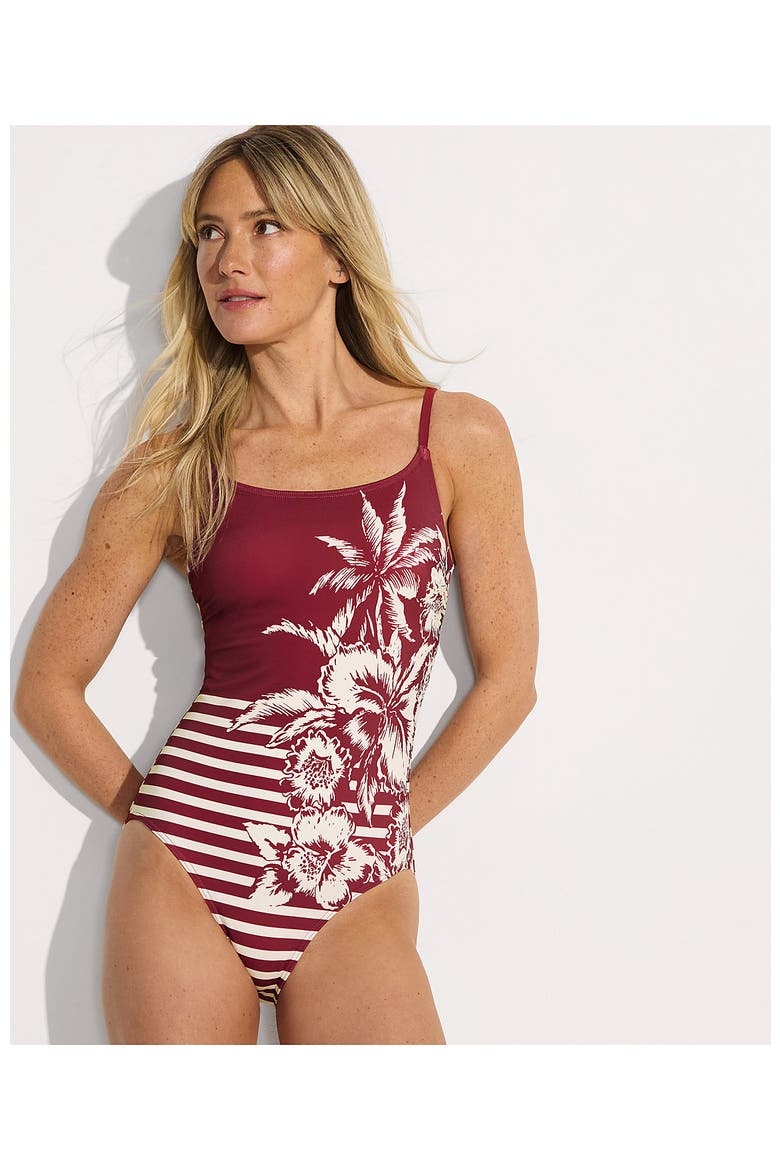 Plus Size Tugless Thin Strap One Piece Swimsuit, Alternate, color, Burgundy Tropic Scenic Stripe