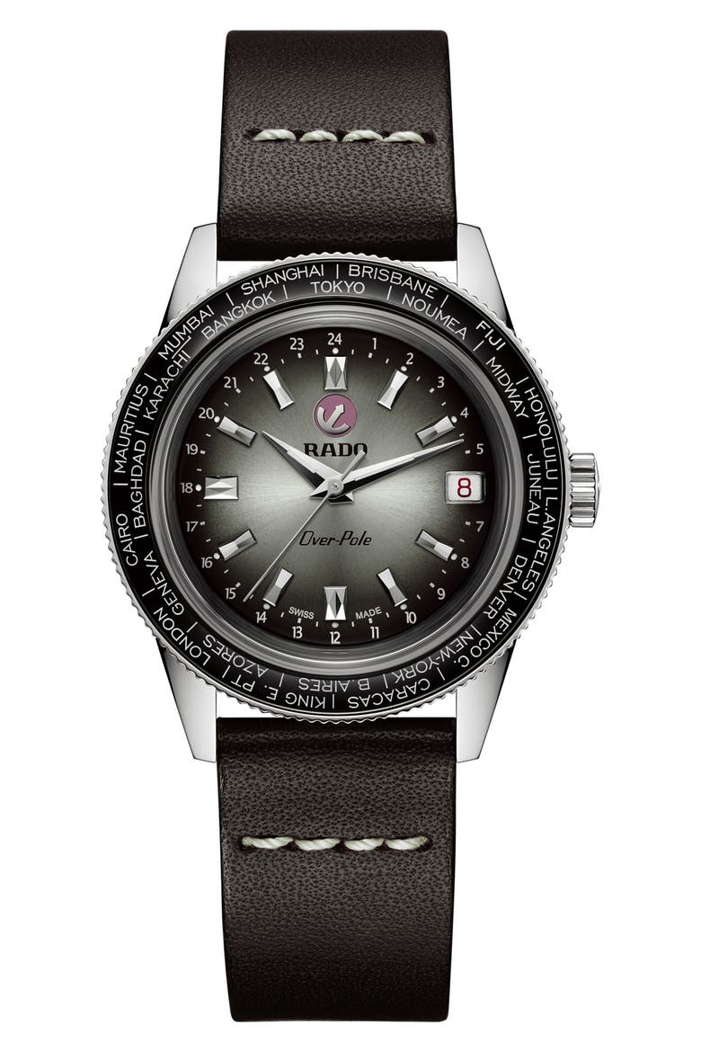 Captain Cook Over-Pole Leather Strap Watch, 37mm (Limited Edition), Main, color, BLACK/ STAINLESS STEEL