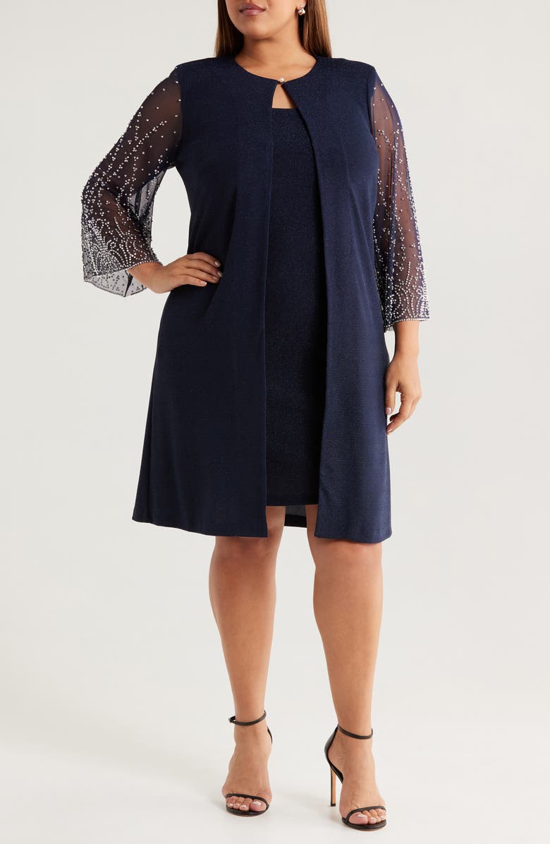 Alex Evenings Metallic Knit Cocktail Dress with Jacket, Main, color, Dark Navy