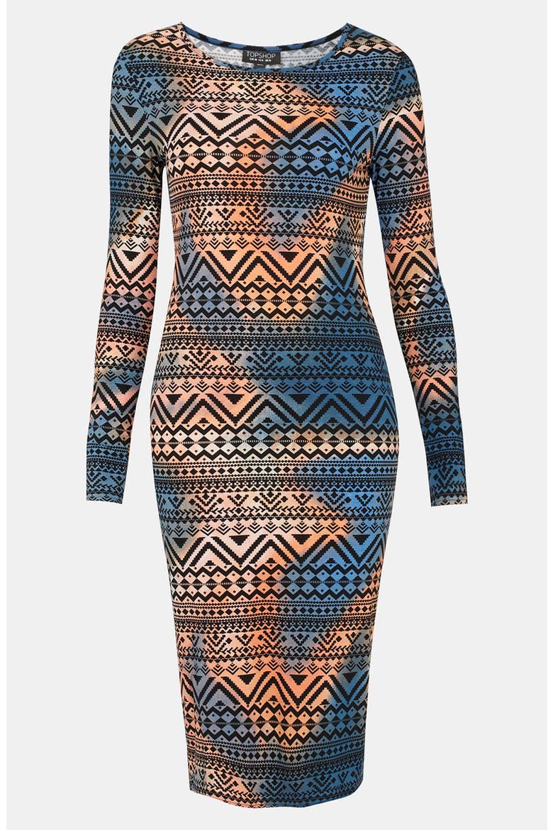 Tie Dyed Aztec Print Body-Con Dress, Main, color, PEACH MULTI
