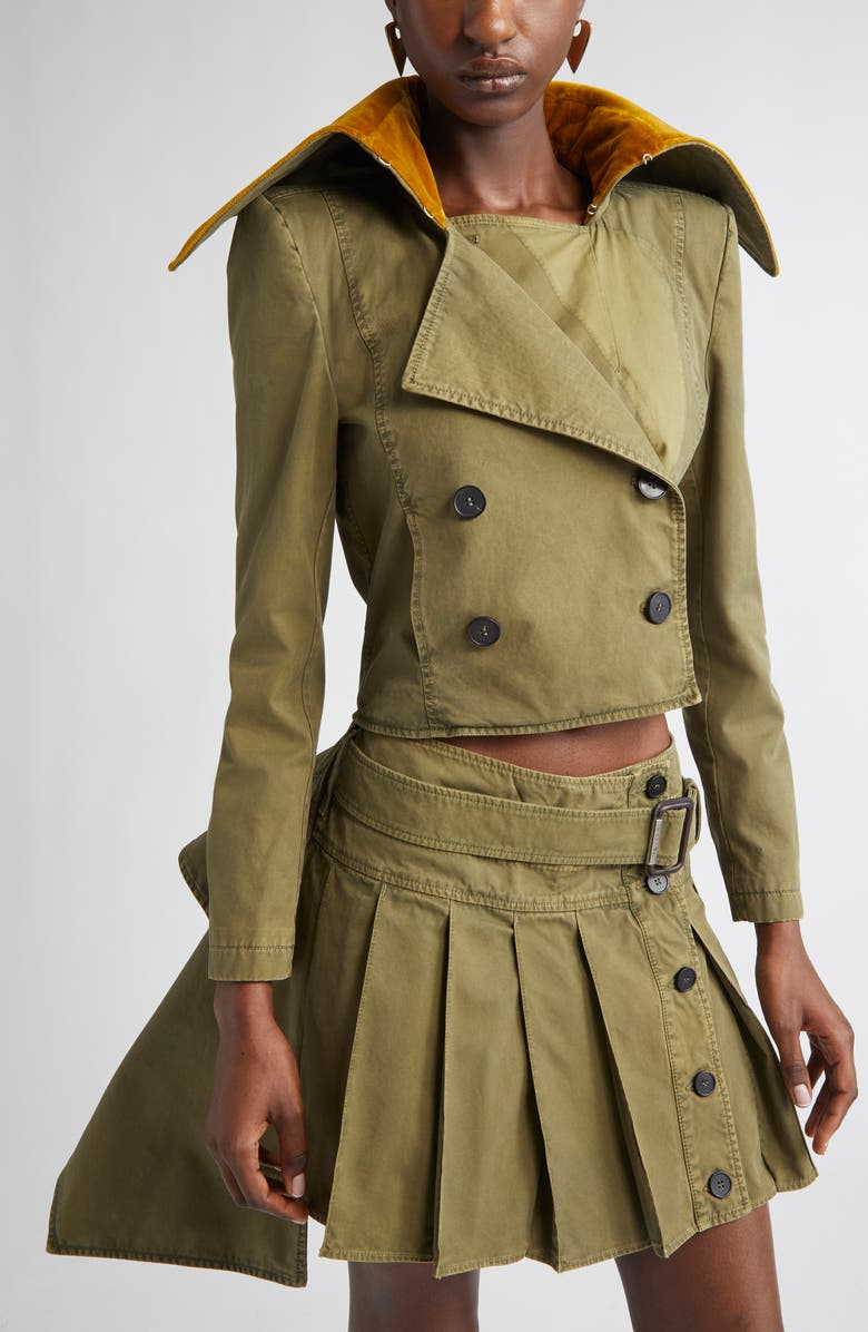 McQueen Velvet Collar Double Breasted Twill Peplum Jacket, Alternate, color, Khaki