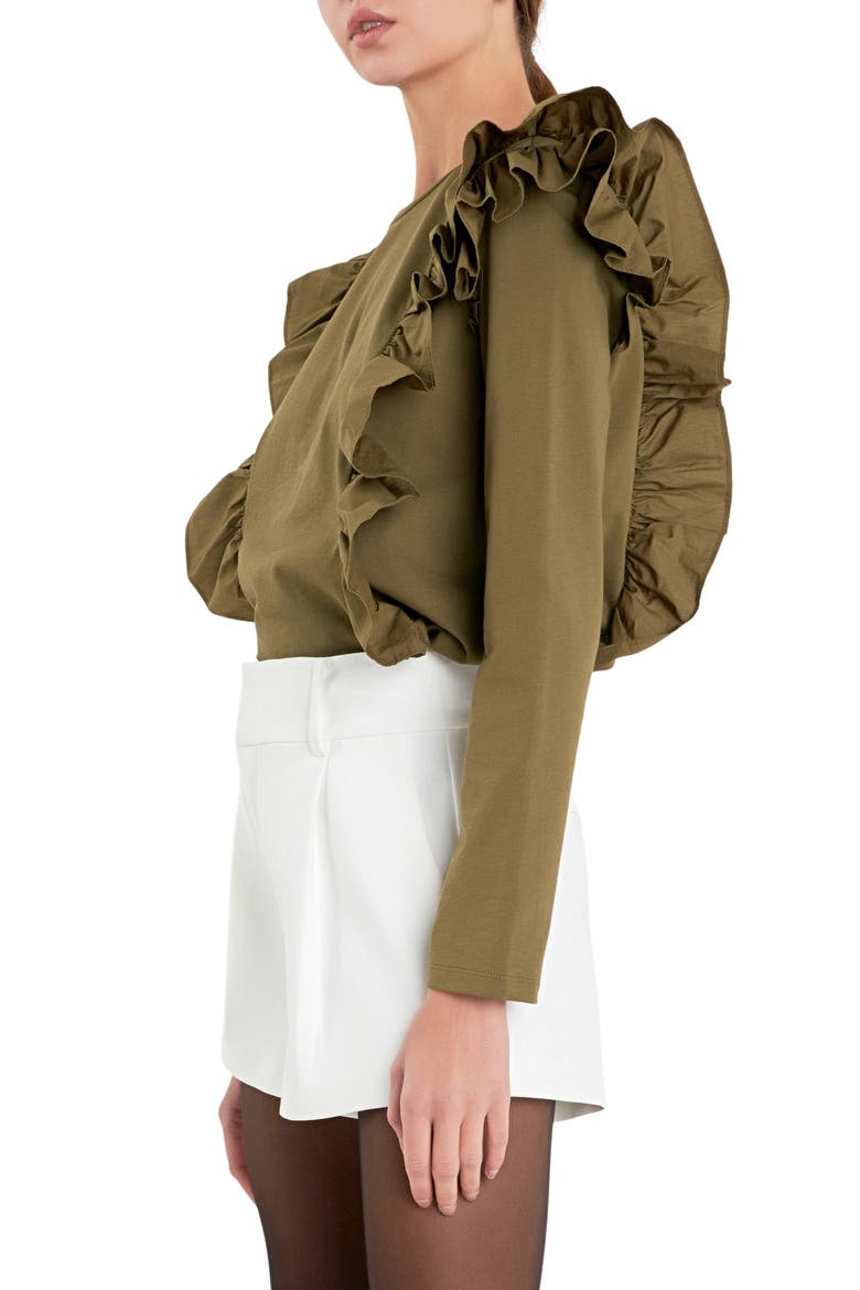 Poplin Ruffle Trim Shirt, Alternate, color, OLIVE