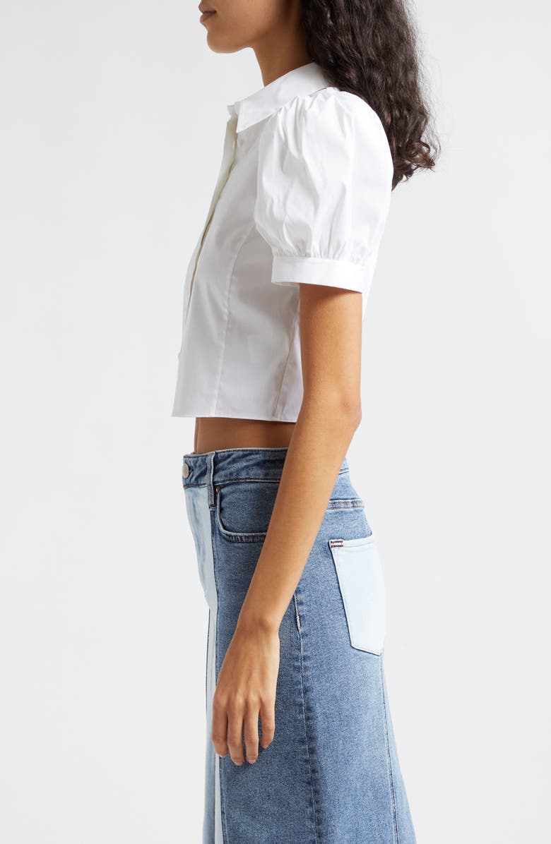 Alice + Olivia Willa Puff Sleeve Crop Cotton Blend Button-Up Shirt, Alternate, color, 