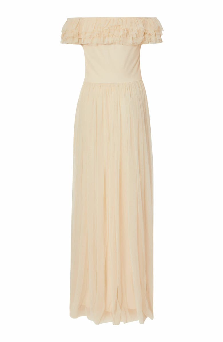 QUIZ Mesh Ruffle Bardot Maxi Dress, Alternate, color, Cream