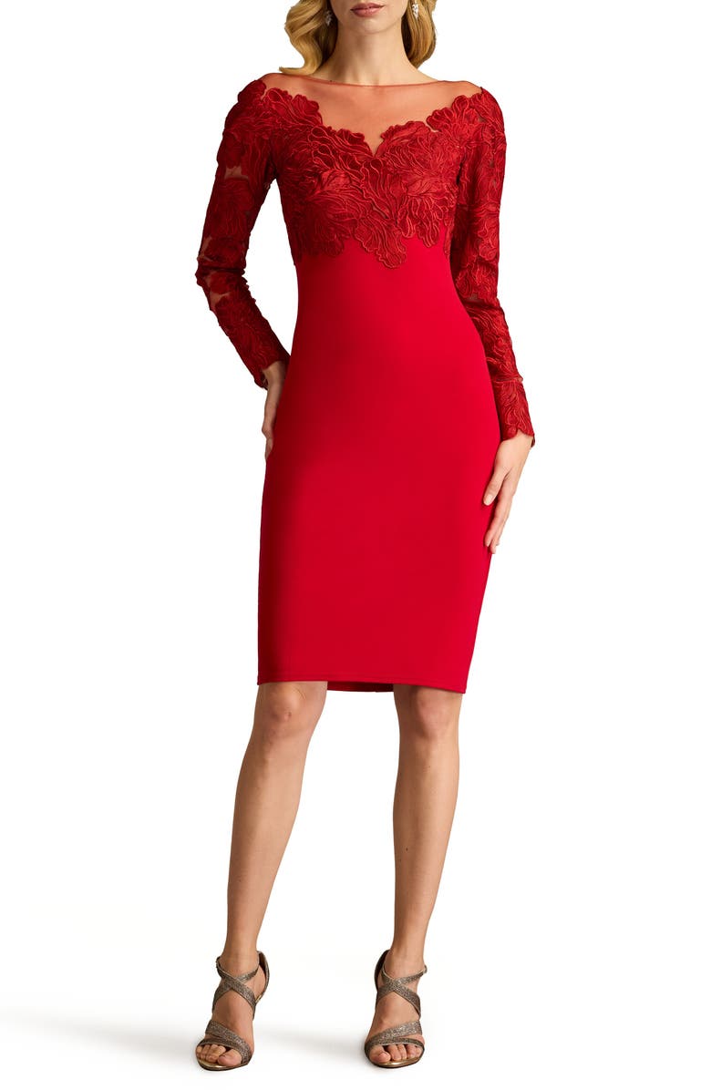 Tadashi Shoji Lace Bodice Long Sleeve Cocktail Sheath Dress, Main, color, Cranberry