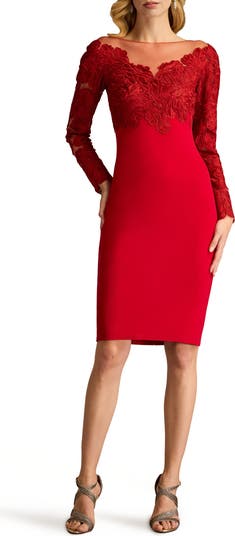 Tadashi Shoji Coral cheapest Red Lace Sz 12 Bodycon Plunge Wrap Neckline Sheath Dress