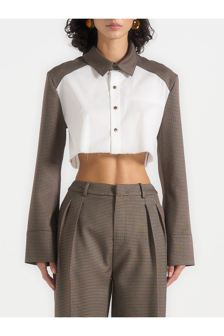 Bernadette Houndstooth Contrast Cropped Shirt, Alternate, color, Brown