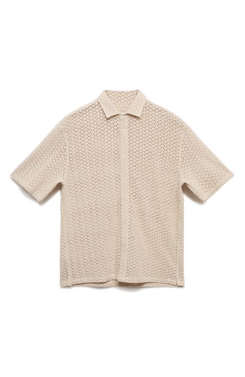 Openwork Knit Short Sleeve Button-Up Shirt