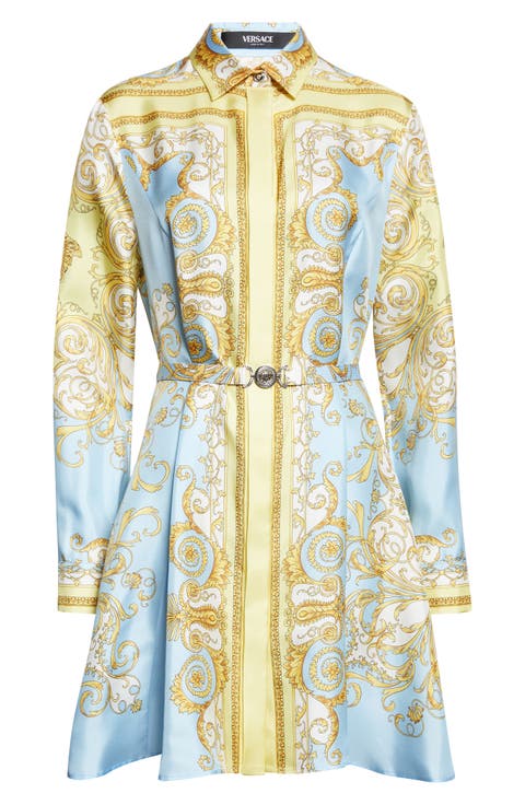 Barocco Print Belted Long Sleeve Silk Shirtdress