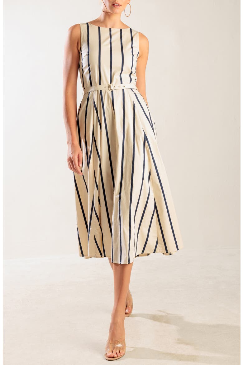 Stripe Sleeveless Belted Cotton Midi Dress, Alternate, color, ECRU/ NAVY